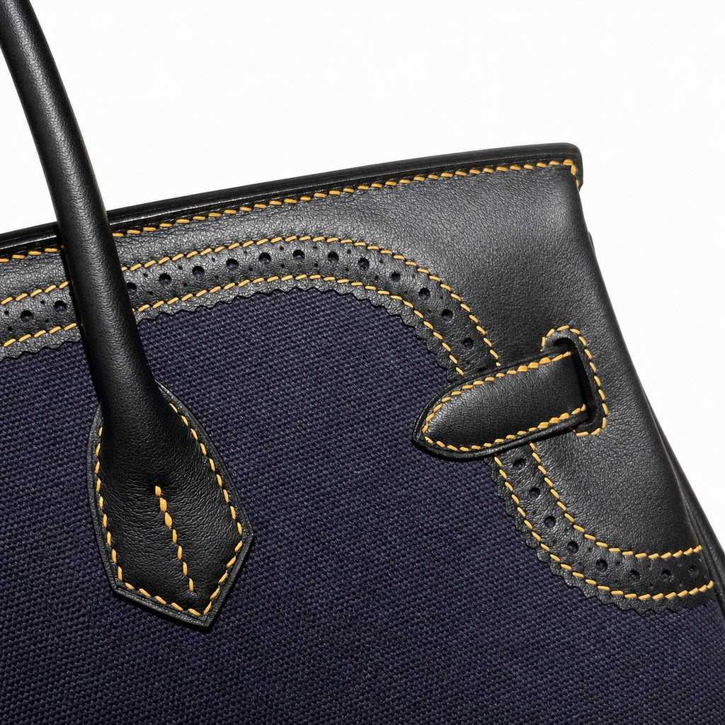 Birkin Ghillies 30 Black Leather and Navy Blue Denim Splicing Bag