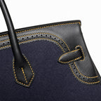 Birkin Ghillies 30 Black Leather and Navy Blue Denim Splicing Bag