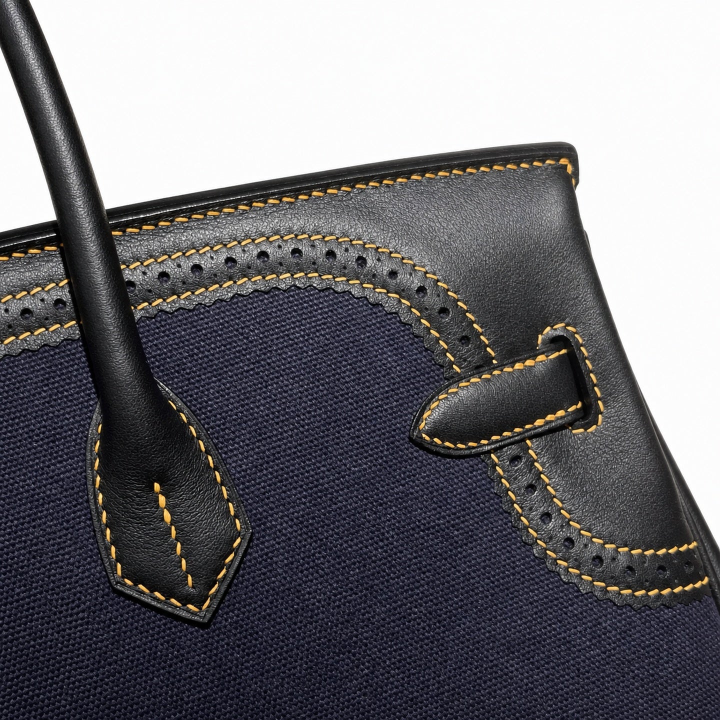 Birkin Ghillies 30 Black Leather and Navy Blue Denim Splicing Bag