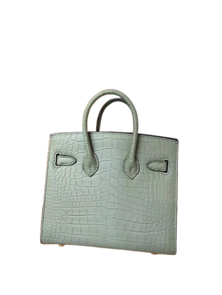 Mini Birkin 20cm Outer Stitching Tote Bag in Sage Green Crocodile Pattern