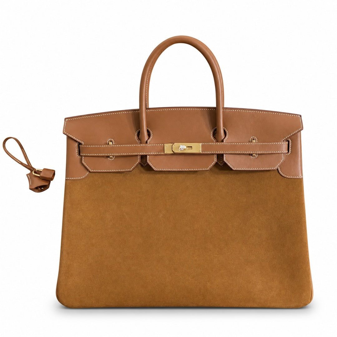 Birkin 40 Retourne in Gold Swift Leather and Suede Grizzly (Gold Hardware)