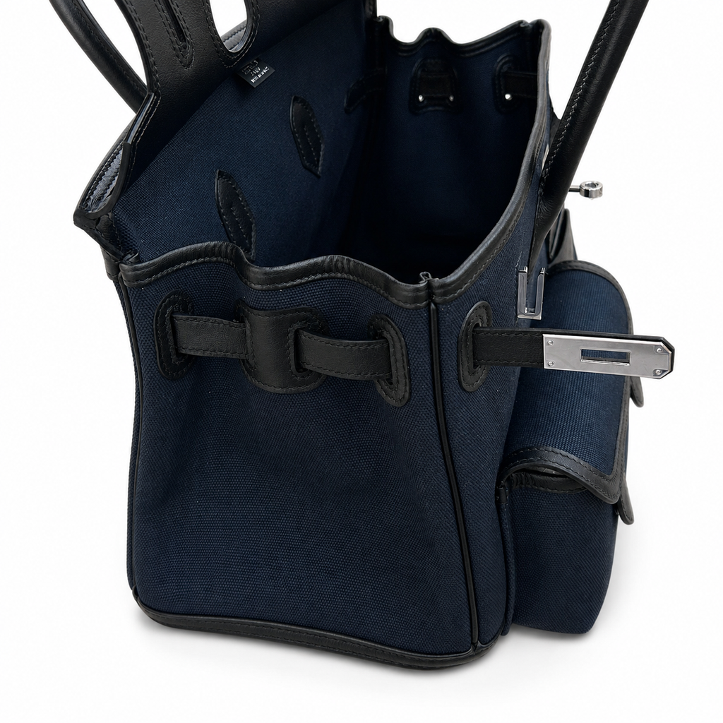 Birkin Cargo 35 in Bleu Nuit Toile Goéland and Noir Swift Leather (Palladium Hardware)
