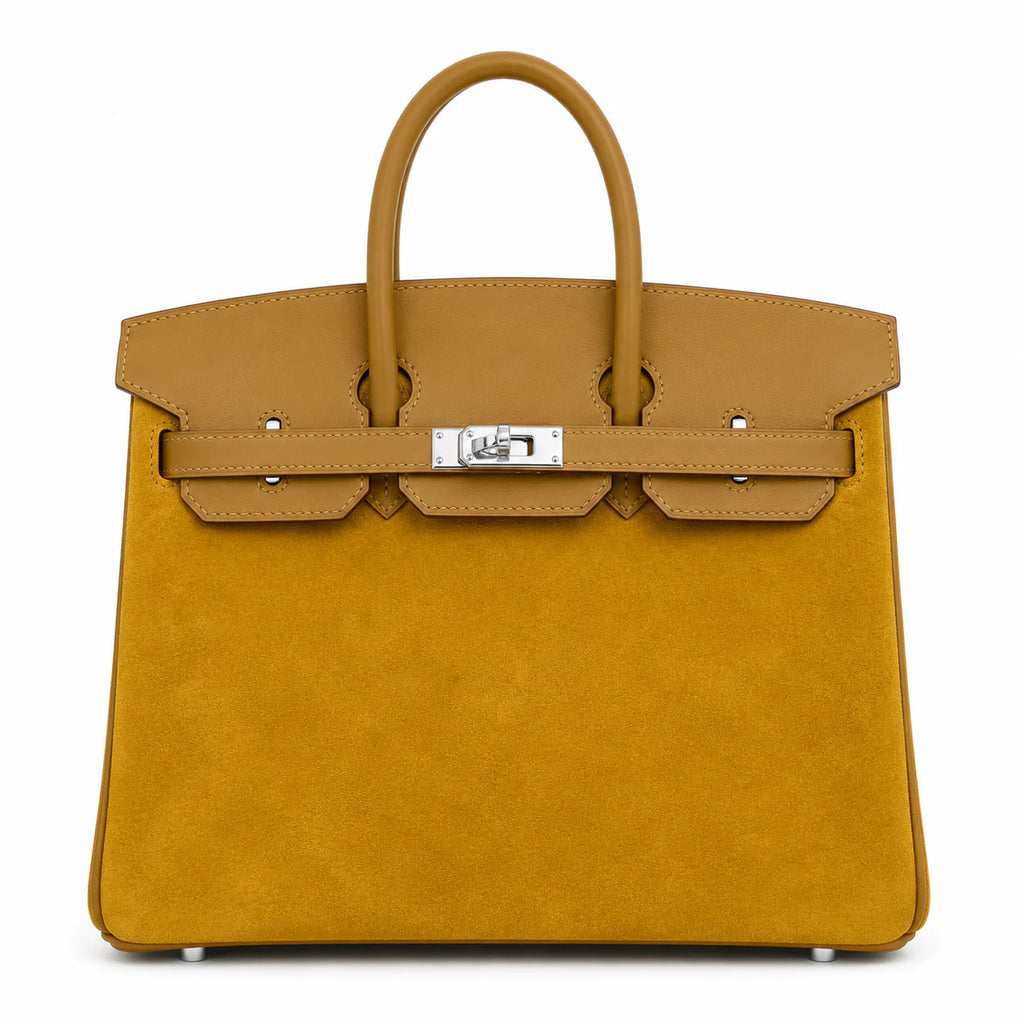 Birkin 25 Retourne in Yellow Swift Leather and Suede Grizzly (Palladium Hardware)