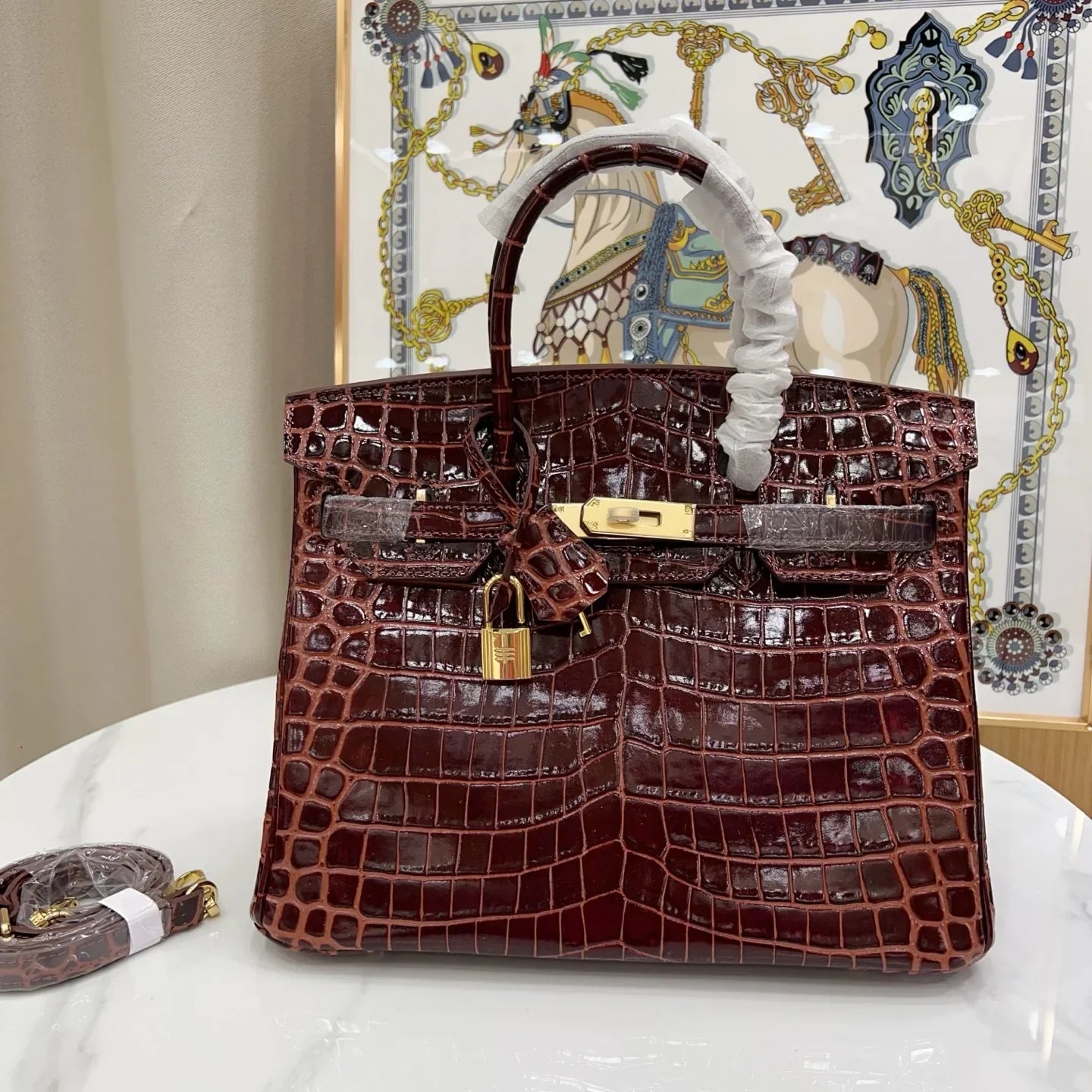Birkin Bordeaux Shiny Porosus Crocodile Gold Hardware