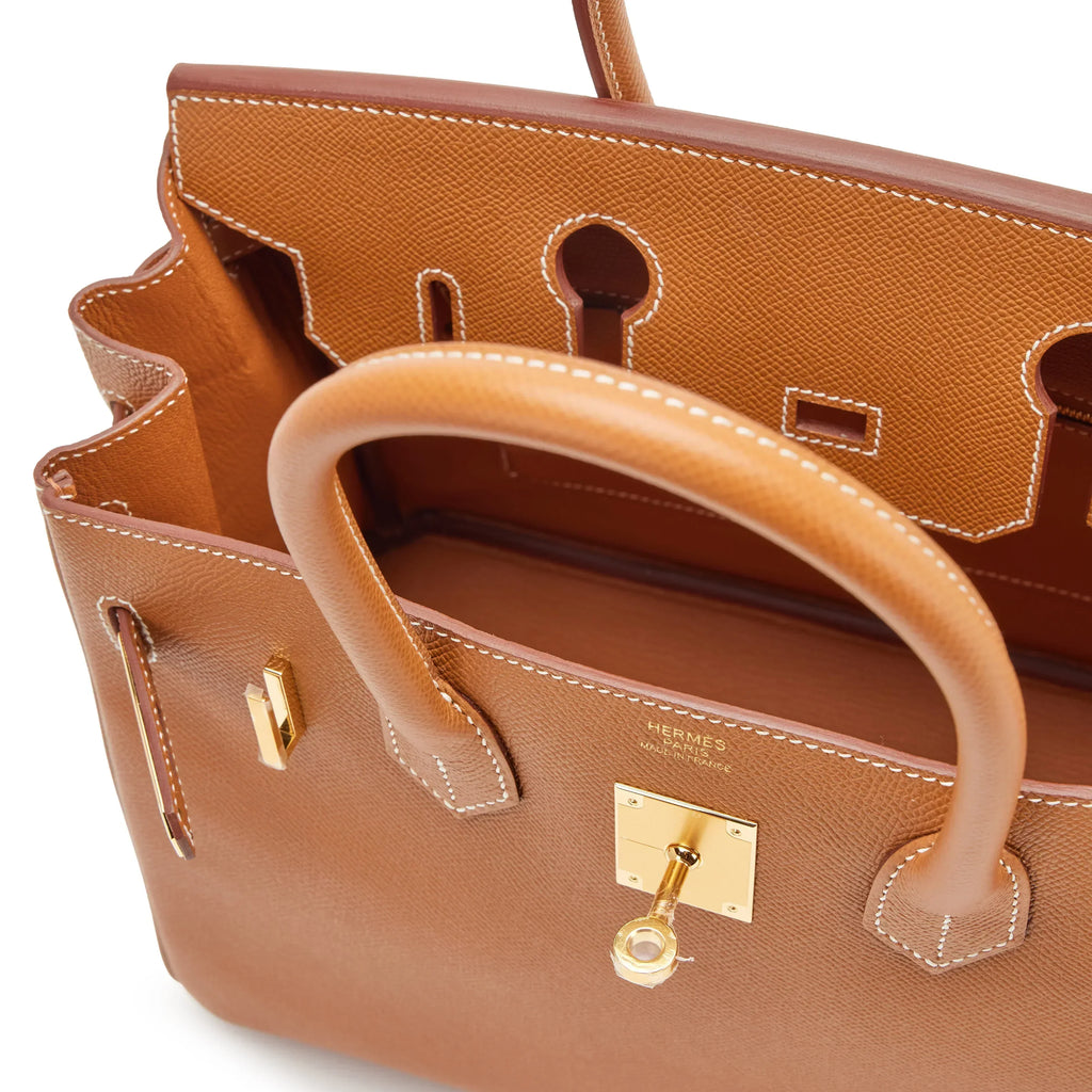 Birkin Sellier 25 Gold Epsom Leather Rolled Handles Gold Hardware Handbag