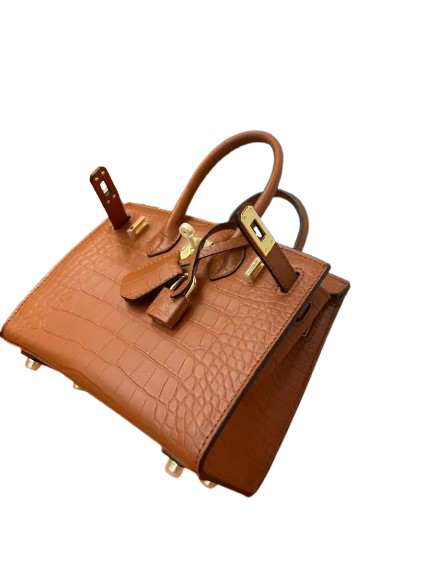 Mini Birkin 20cm Outer Stitching Tote Bag in Classic Gold Crocodile Pattern