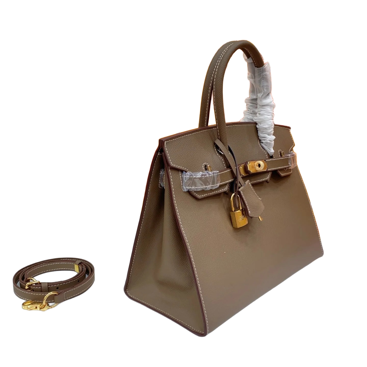 Birkin Style 25/30 Sellier in Etoupe Epsom Leather with White Stitching (Gold Hardware)