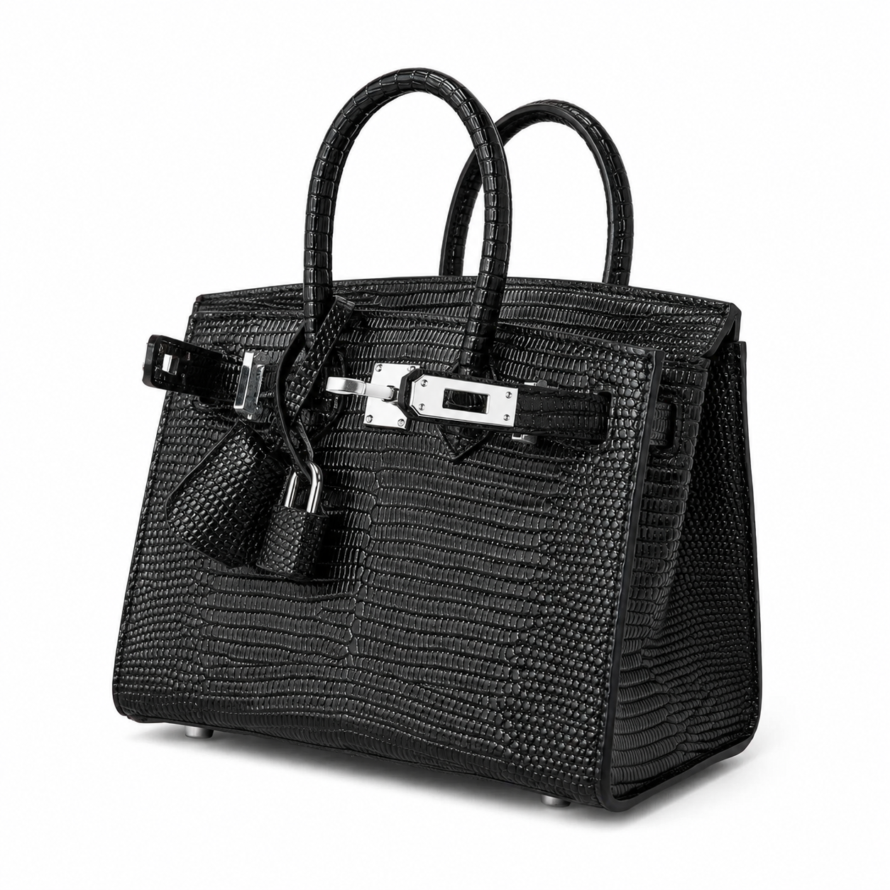 Mini Birkin 20cm Outer Stitching Tote Bag in Black Lizard Pattern