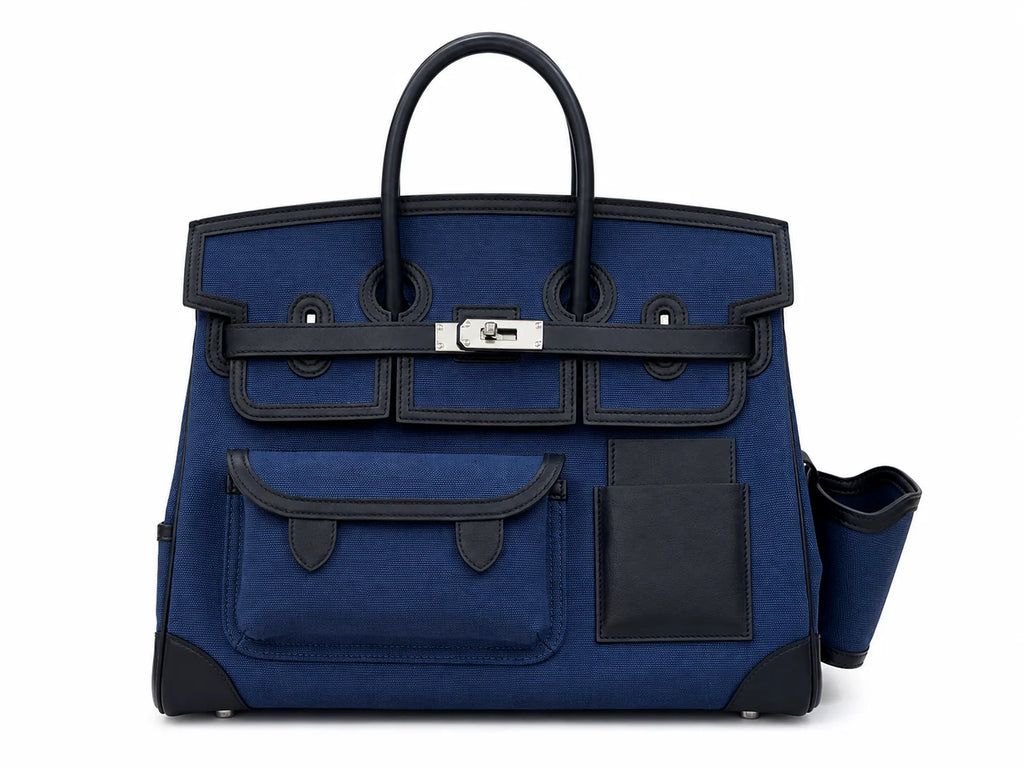 Birkin Cargo 35 in Bleu Encre Toile Goéland and Noir Swift Leather (Palladium Hardware)