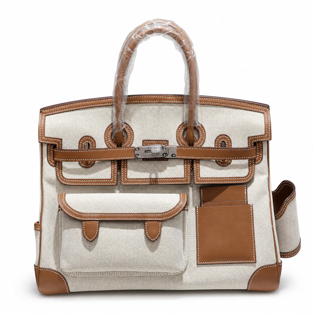 Birkin Cargo 35 Gold Leather and Ecru Canvas Multi-Pocket Bag
