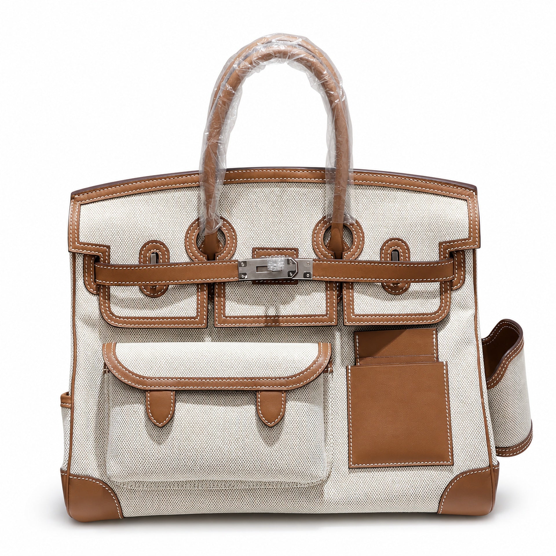 Birkin Cargo 35 Gold Leather and Ecru Canvas Multi-Pocket Bag