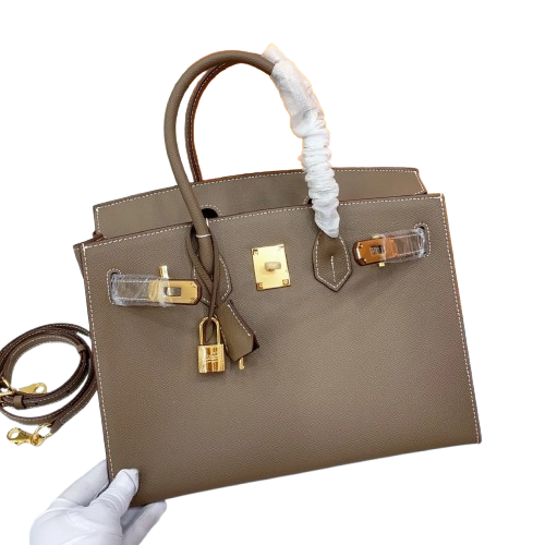 Birkin Style 25/30 Sellier in Etoupe Epsom Leather with White Stitching (Gold Hardware)