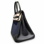 Birkin Ghillies 30 Black Leather and Navy Blue Denim Splicing Bag