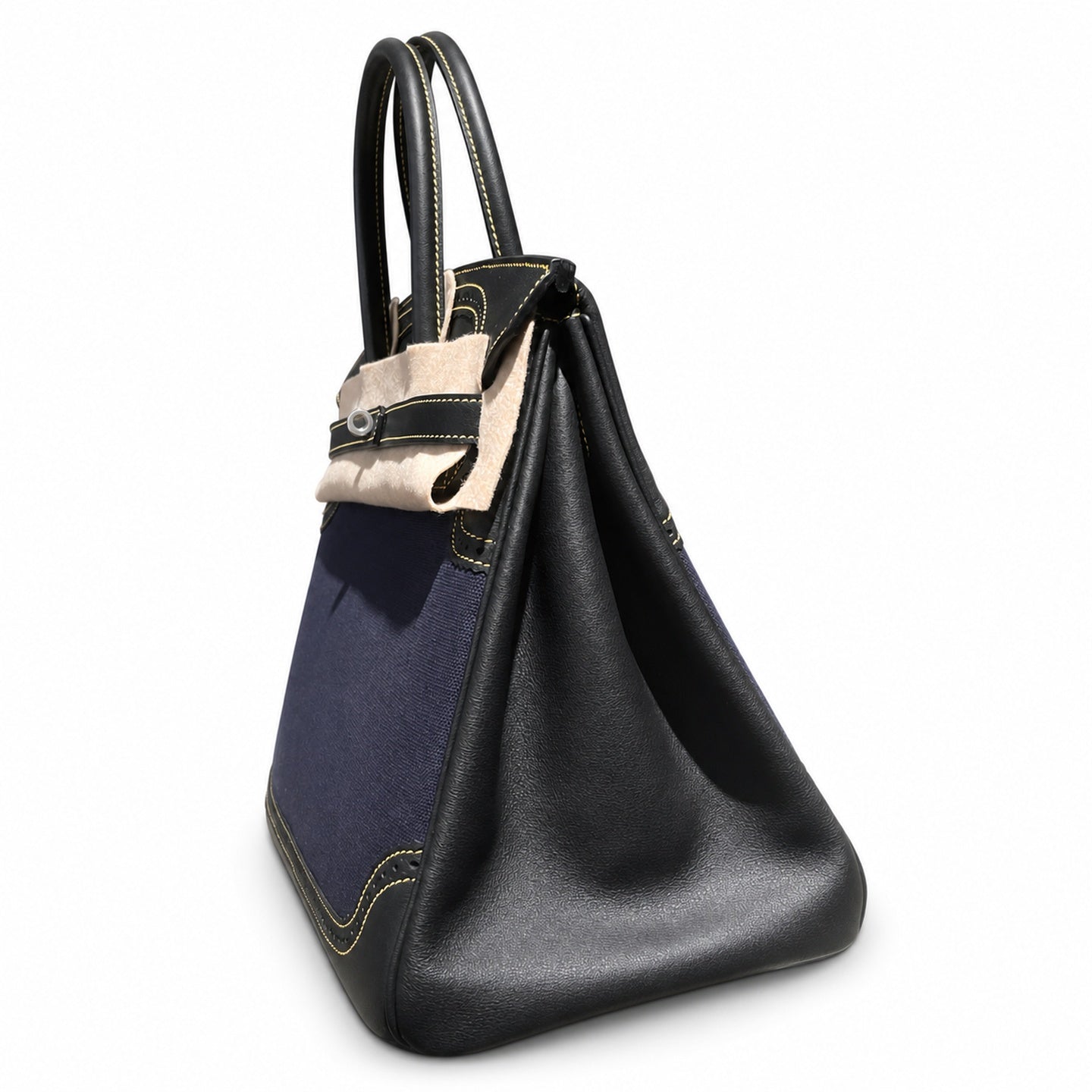 Birkin Ghillies 30 Black Leather and Navy Blue Denim Splicing Bag