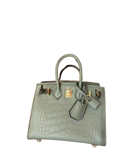Mini Birkin 20cm Outer Stitching Tote Bag in Sage Green Crocodile Pattern
