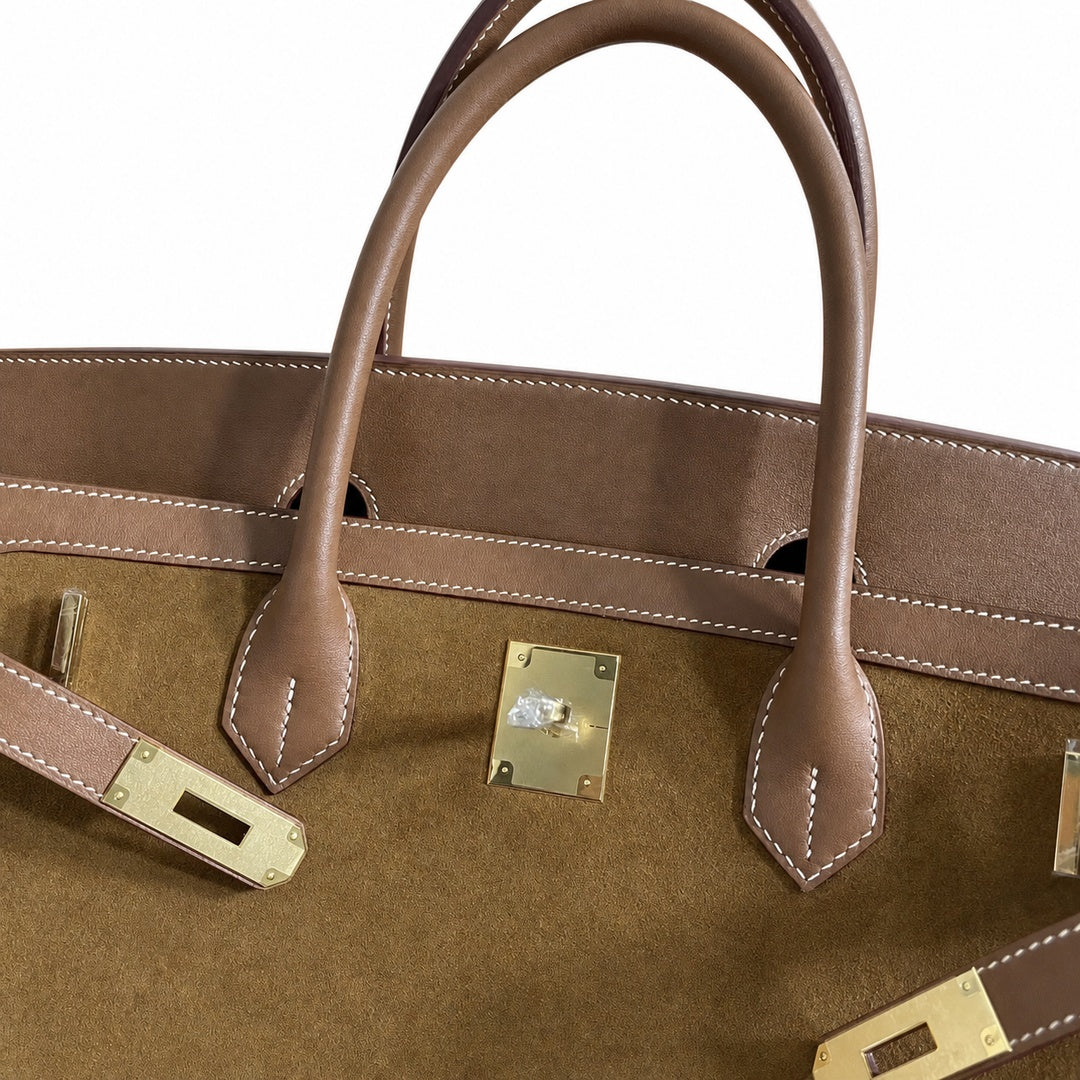 Birkin 40 Retourne in Gold Swift Leather and Suede Grizzly (Gold Hardware)