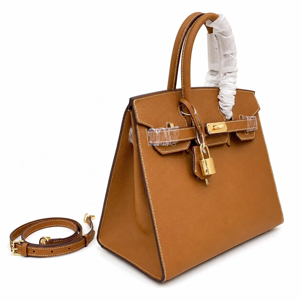 Birkin Style 25/30 Sellier in Gold Epsom Leather with White Stitching (Gold Hardware)