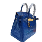 Birkin Blue Croc Embossement Leather Handbags Metal Lock Satchel Bag