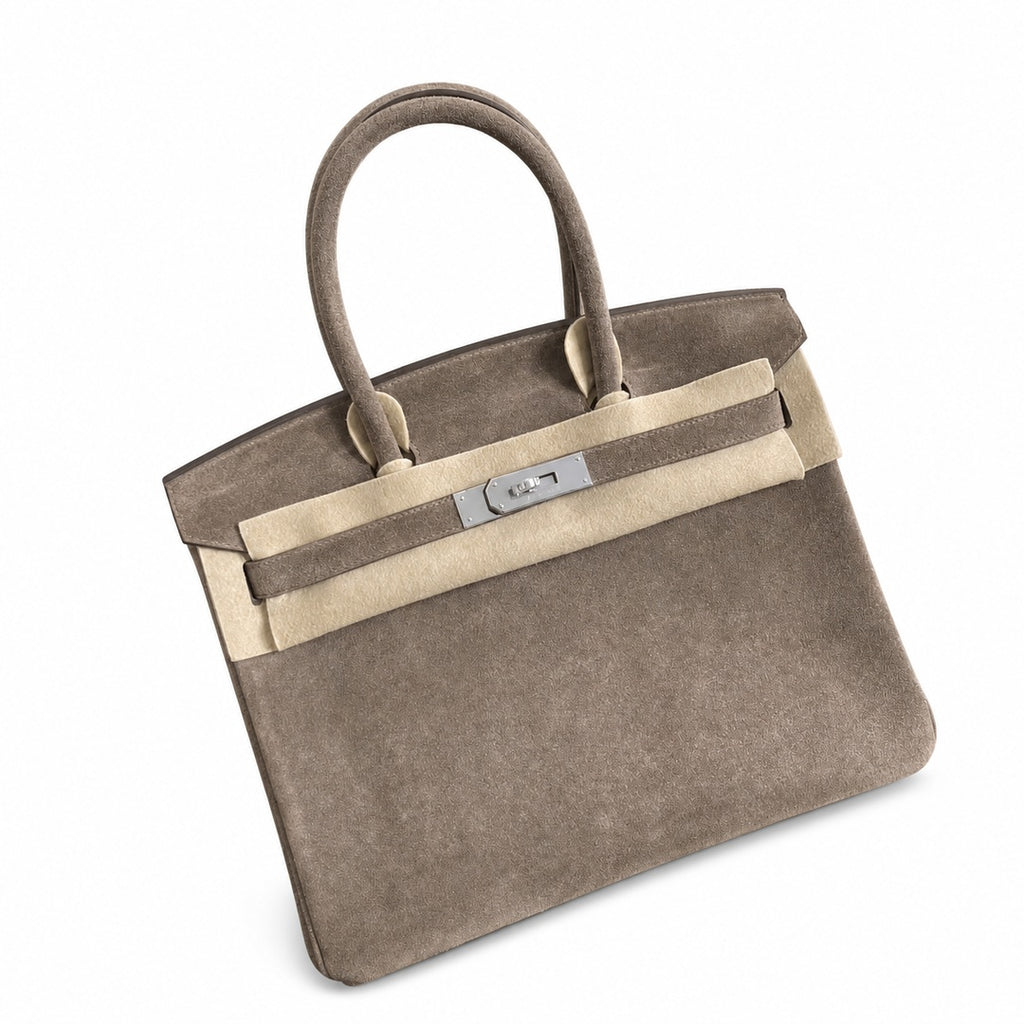 Birkin 30 Retourne in Etoupe Suede Grizzly with White Stitching (Palladium Hardware)
