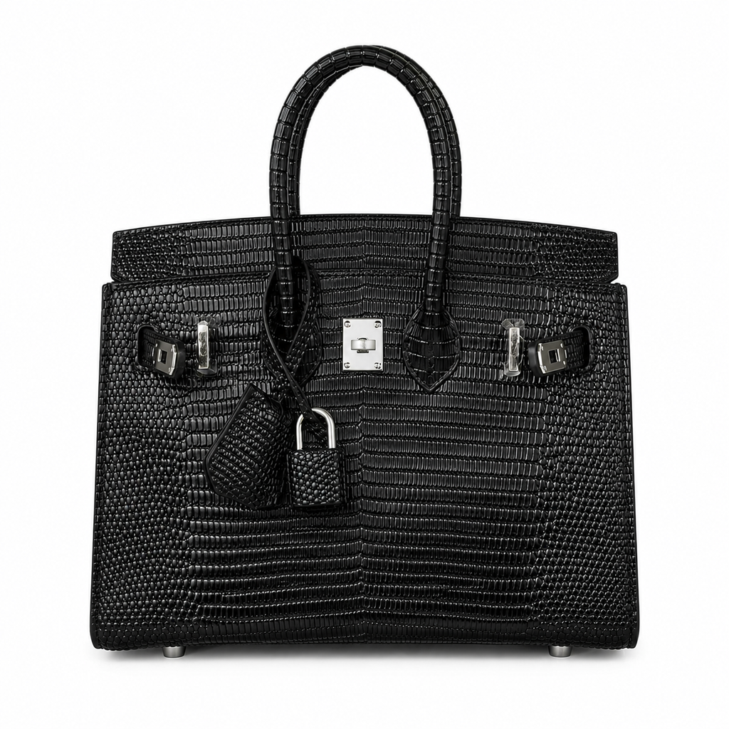 Mini Birkin 20cm Outer Stitching Tote Bag in Black Lizard Pattern