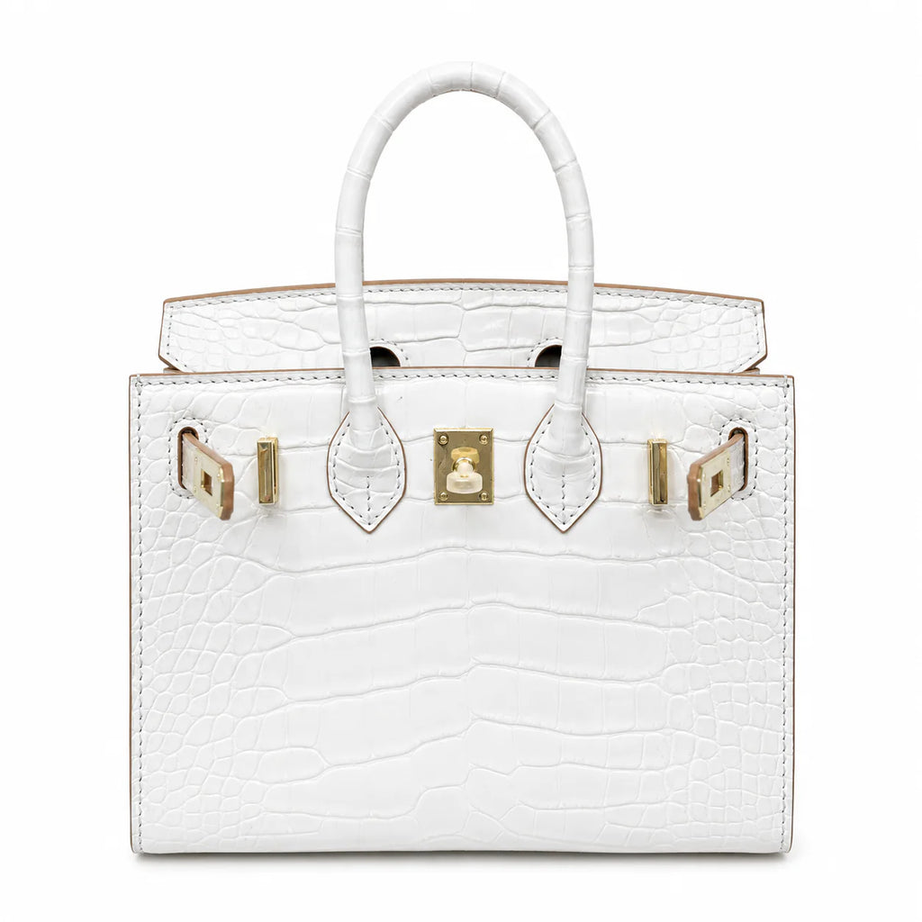 Mini Birkin 20cm Outer Stitching Tote Bag in Pure White Crocodile Pattern