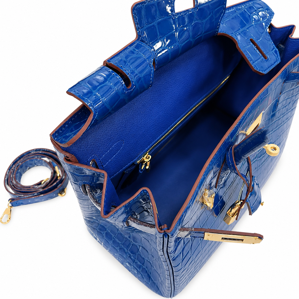 Birkin Blue Croc Embossement Leather Handbags Metal Lock Satchel Bag