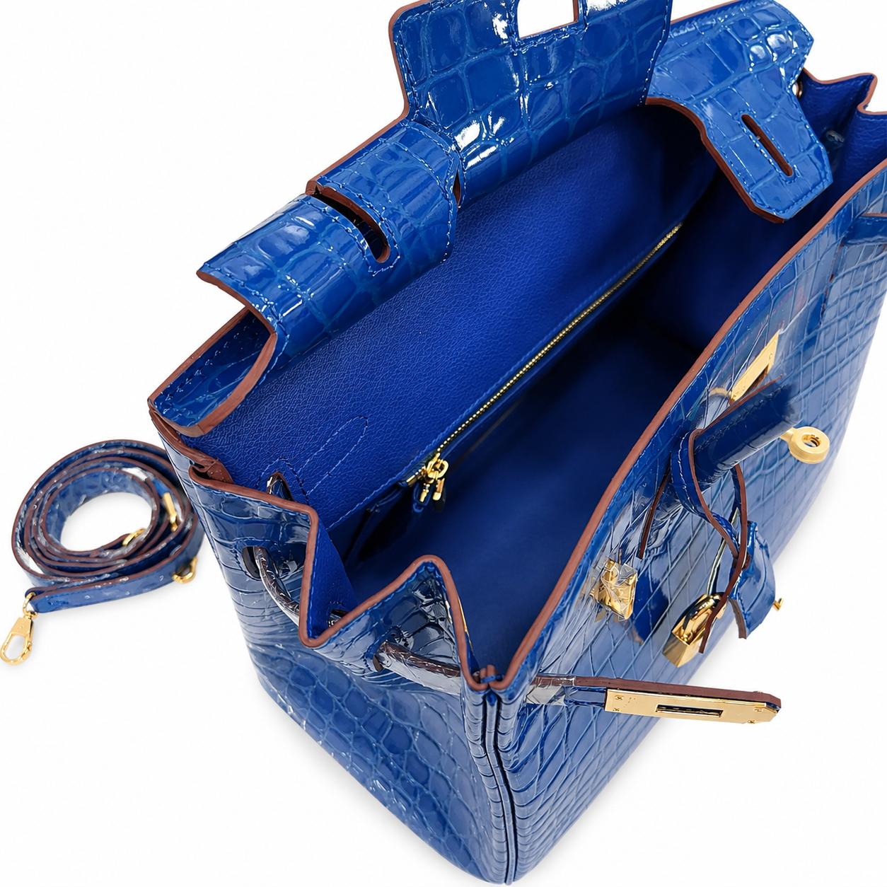 Birkin Blue Croc Embossement Leather Handbags Metal Lock Satchel Bag
