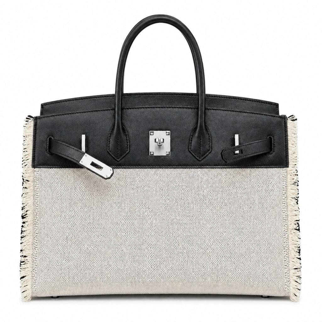 Birkin 35 Fray Fray Black Leather and Fringed Canvas Bag