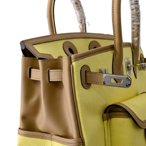 Birkin Cargo 25 Sesame and Lime Yellow Swift Leather Splicing Canvas Bag