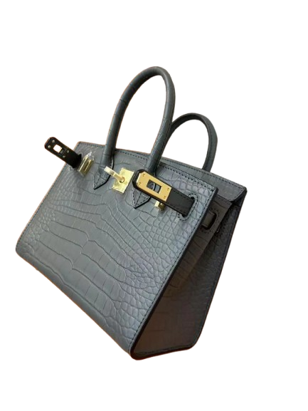 Mini Birkin 20cm Outer Stitching Tote Bag in Etain Gray Crocodile Pattern