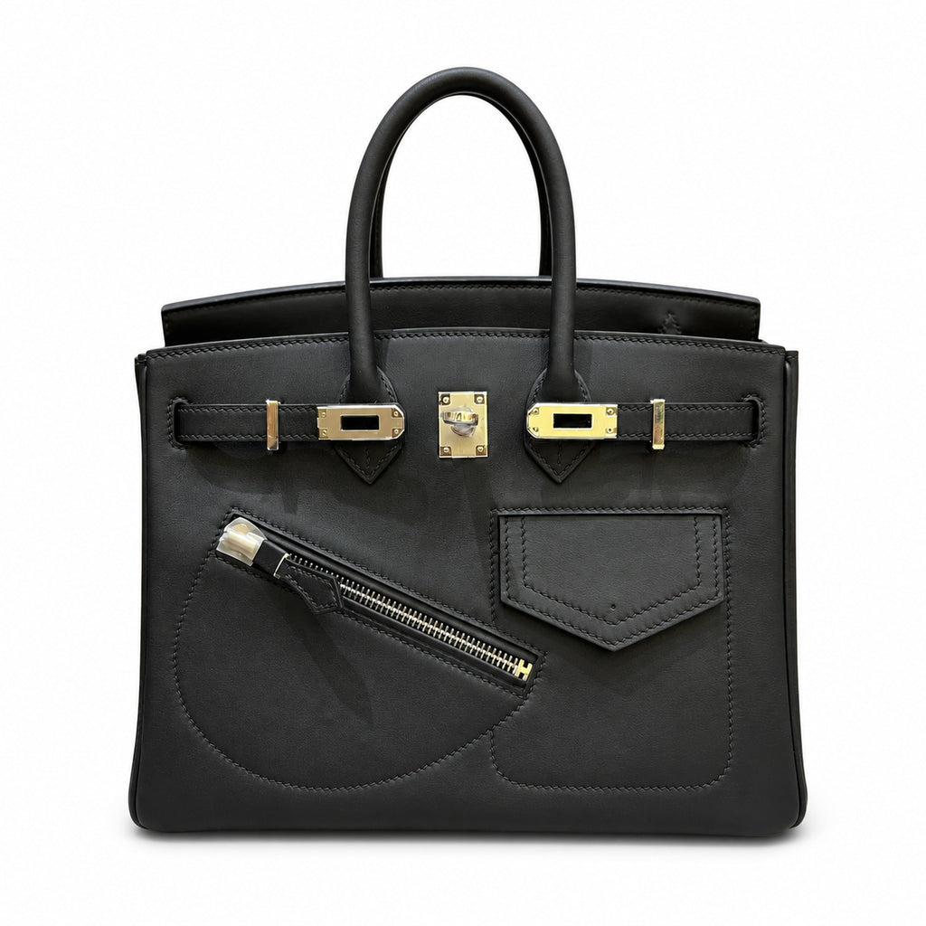 Birkin 25 Rock Black Leather Multi-Pocket Handbag with Chain