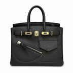 Birkin 25 Rock Black Leather Multi-Pocket Handbag with Chain