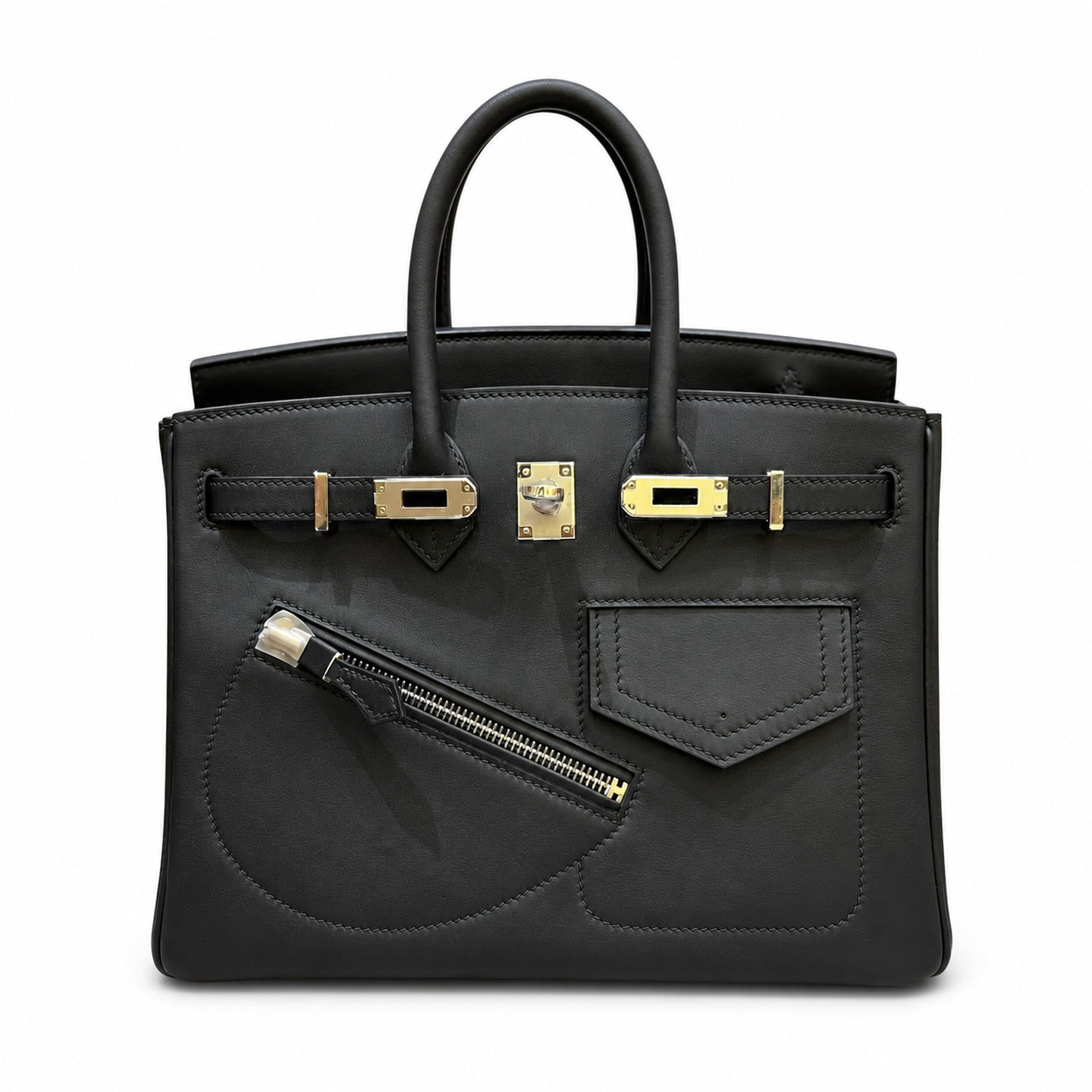 Birkin 25 Rock Black Leather Multi-Pocket Handbag with Chain