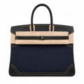Birkin Ghillies 30 Black Leather and Navy Blue Denim Splicing Bag