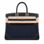 Birkin Ghillies 30 Black Leather and Navy Blue Denim Splicing Bag