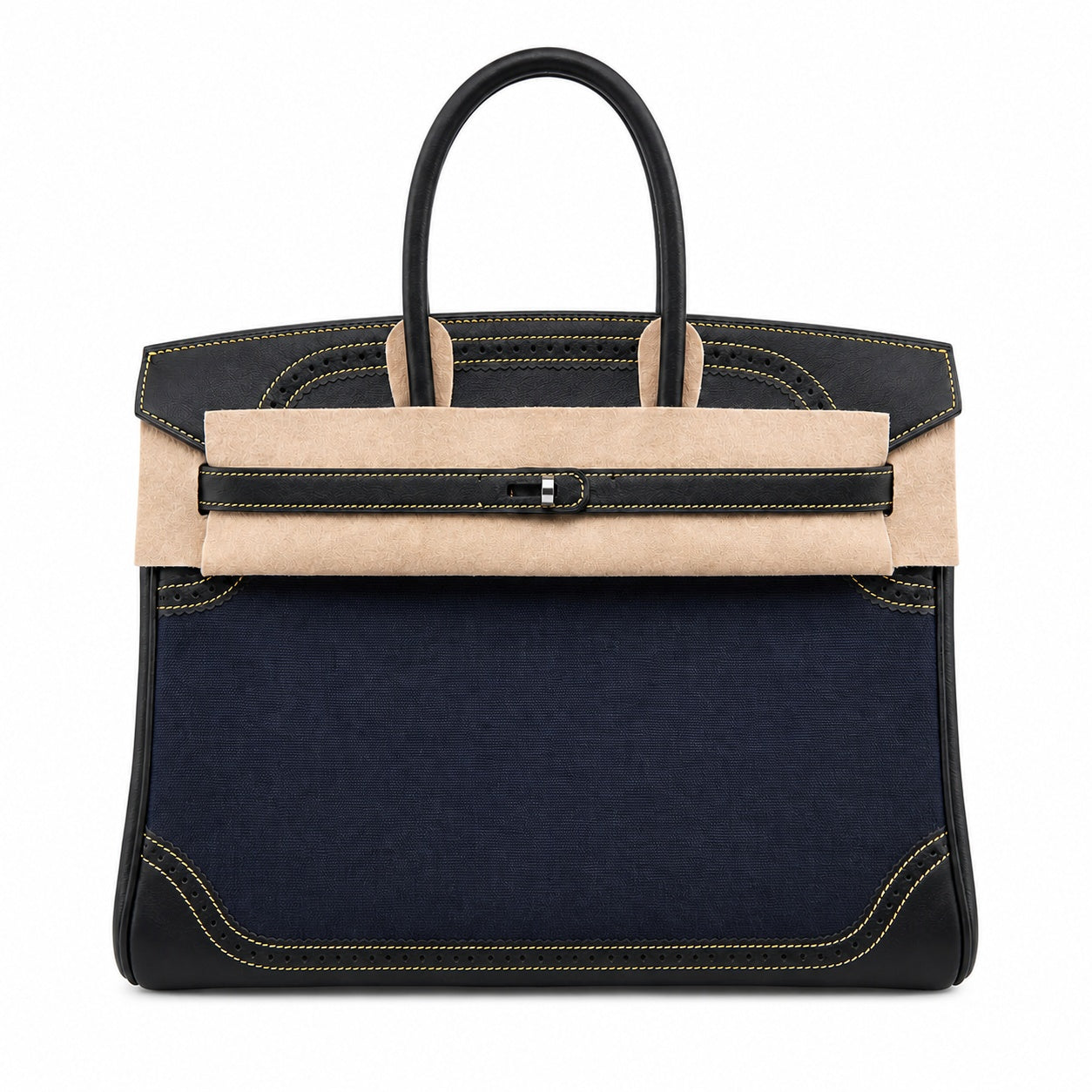 Birkin Ghillies 30 Black Leather and Navy Blue Denim Splicing Bag