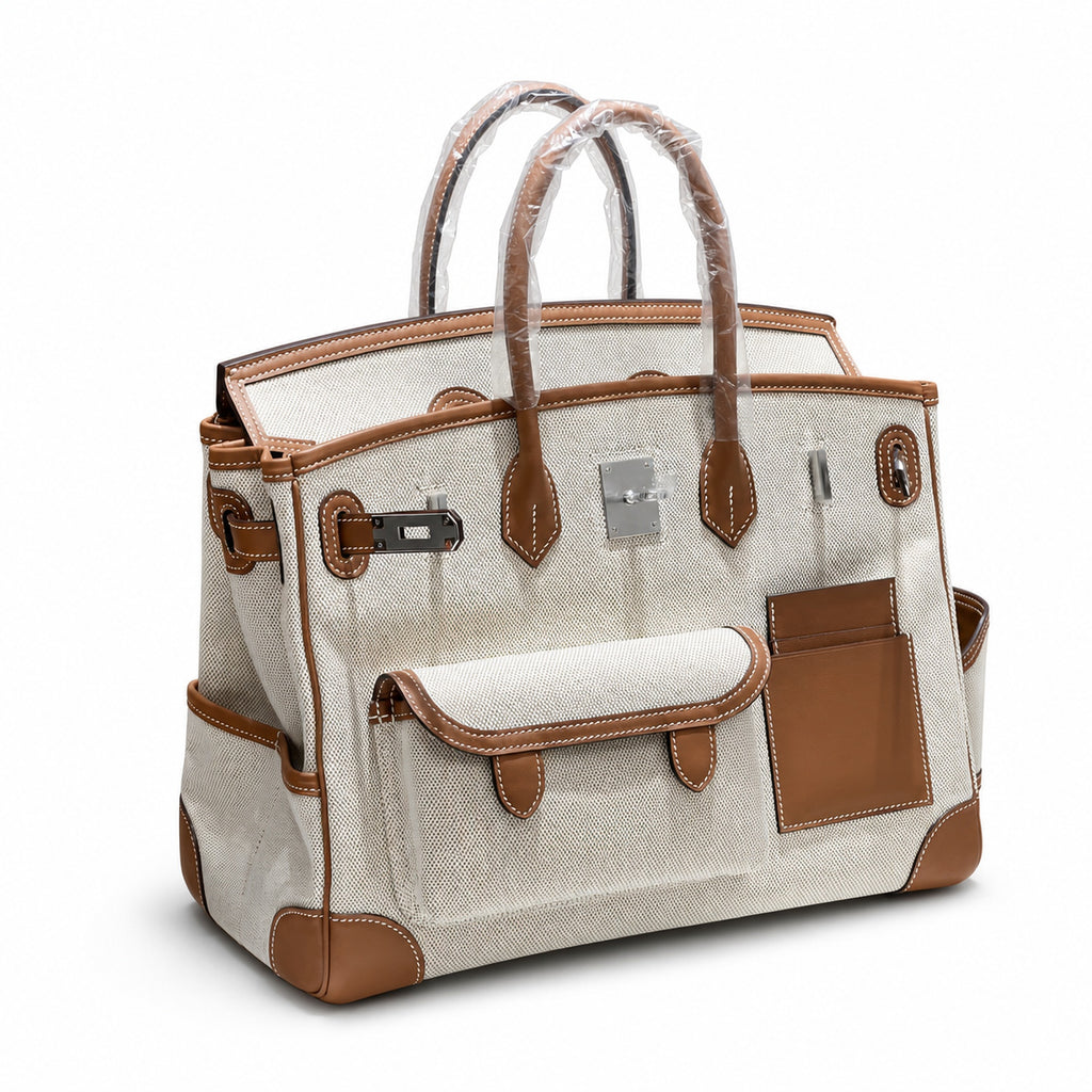 Birkin Cargo 35 Gold Leather and Ecru Canvas Multi-Pocket Bag