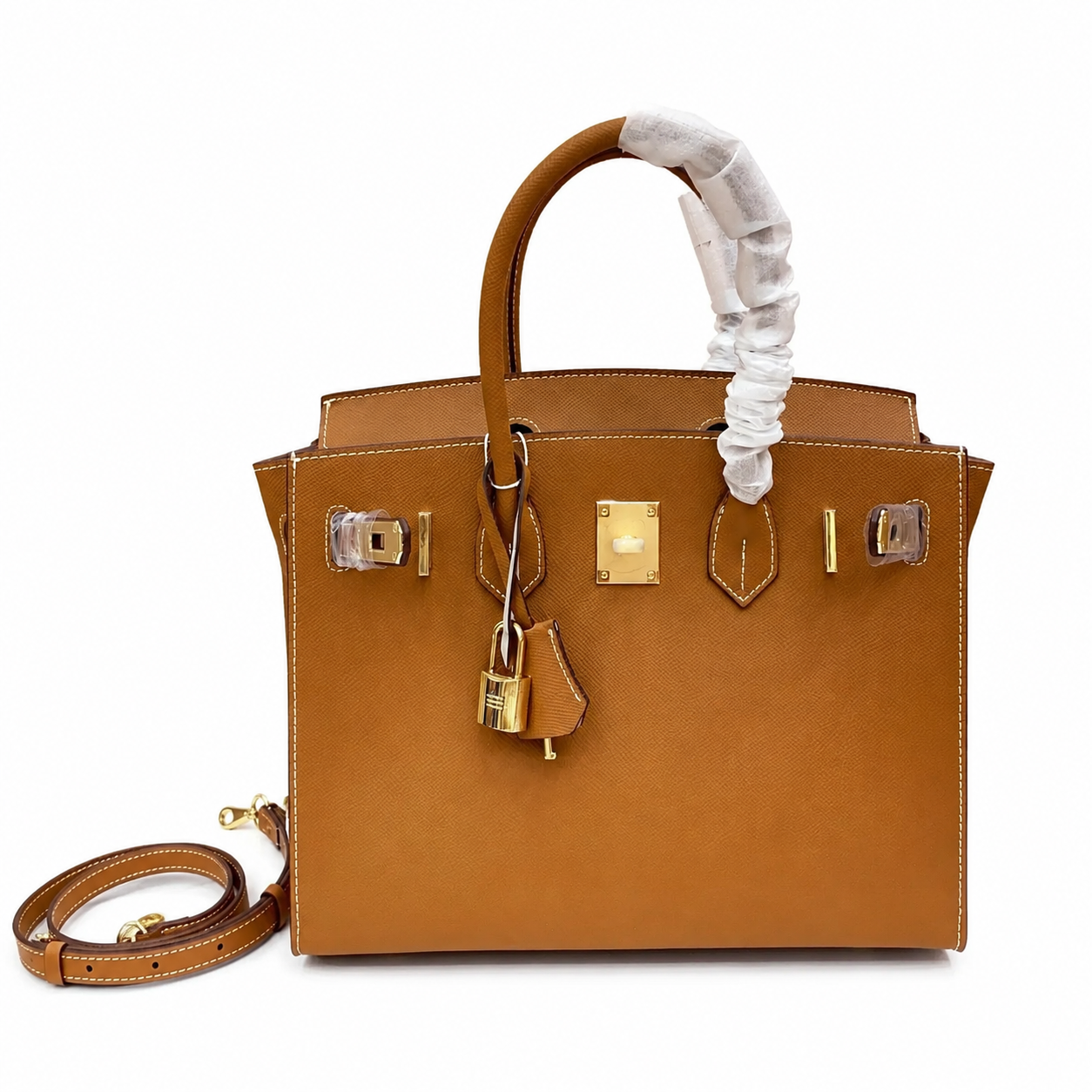 Birkin Style 25/30 Sellier in Gold Epsom Leather with White Stitching (Gold Hardware)