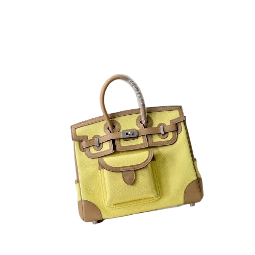 Birkin Cargo 25 Sesame and Lime Yellow Swift Leather Splicing Canvas Bag
