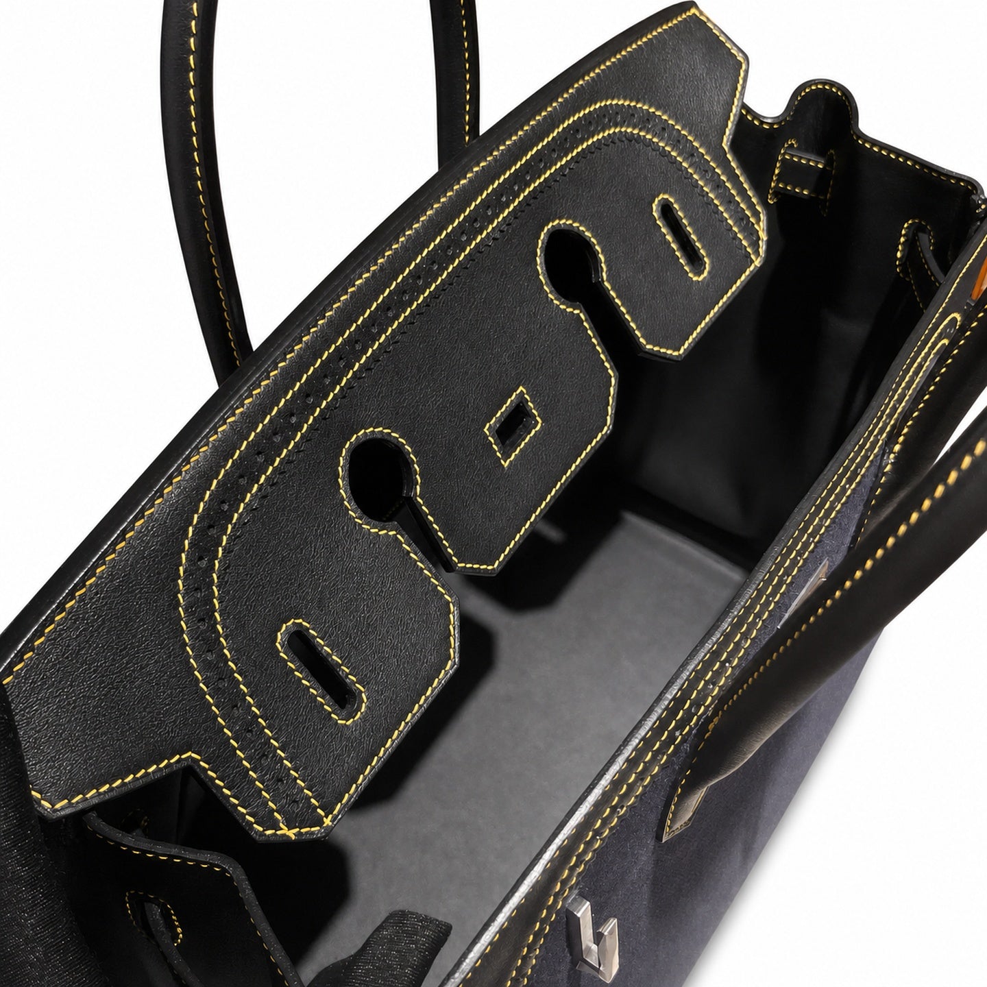 Birkin Ghillies 30 Black Leather and Navy Blue Denim Splicing Bag