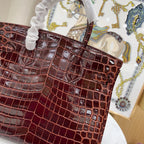 Birkin Bordeaux Shiny Porosus Crocodile Gold Hardware