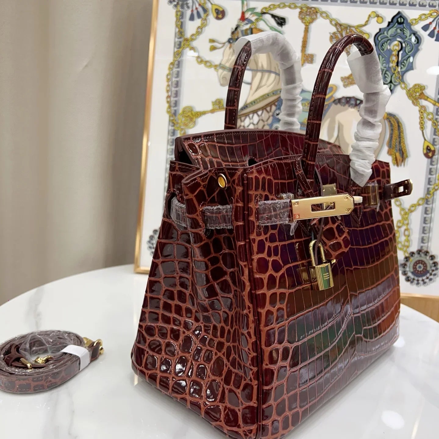 Birkin Bordeaux Shiny Porosus Crocodile Gold Hardware
