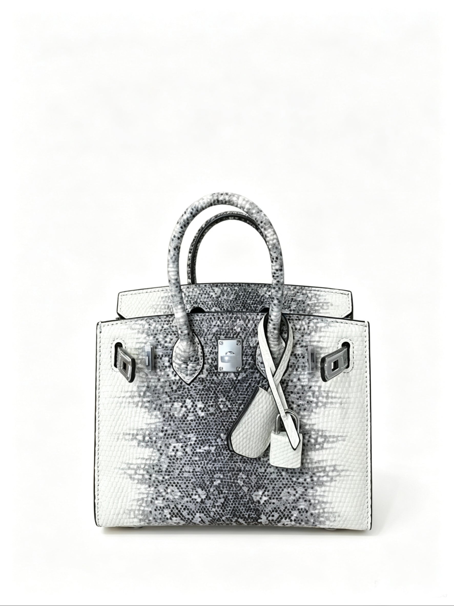 Mini Birkin 20cm Outer Stitching Tote Bag in Two-Tone Snow White Lizard Pattern