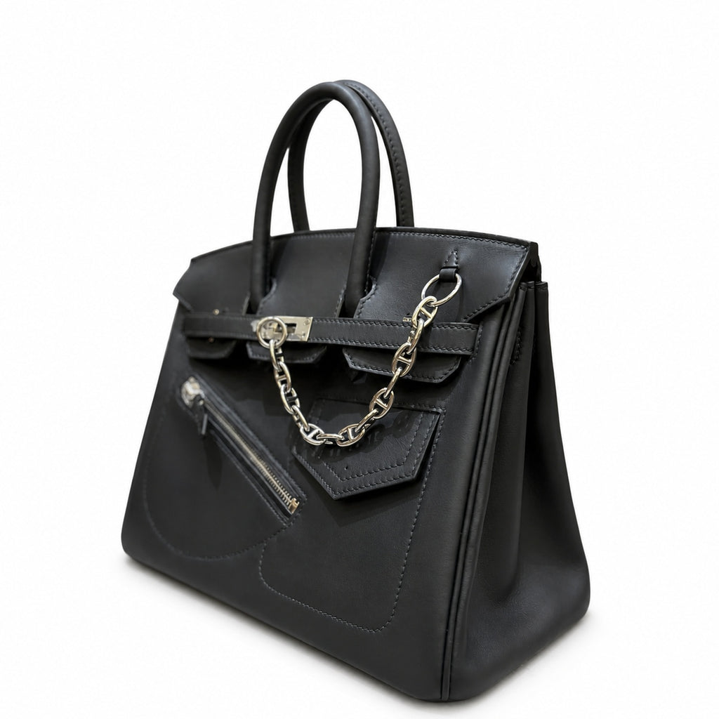 Birkin 25 Rock Black Leather Multi-Pocket Handbag with Chain