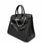 Birkin 25 Rock Black Leather Multi-Pocket Handbag with Chain