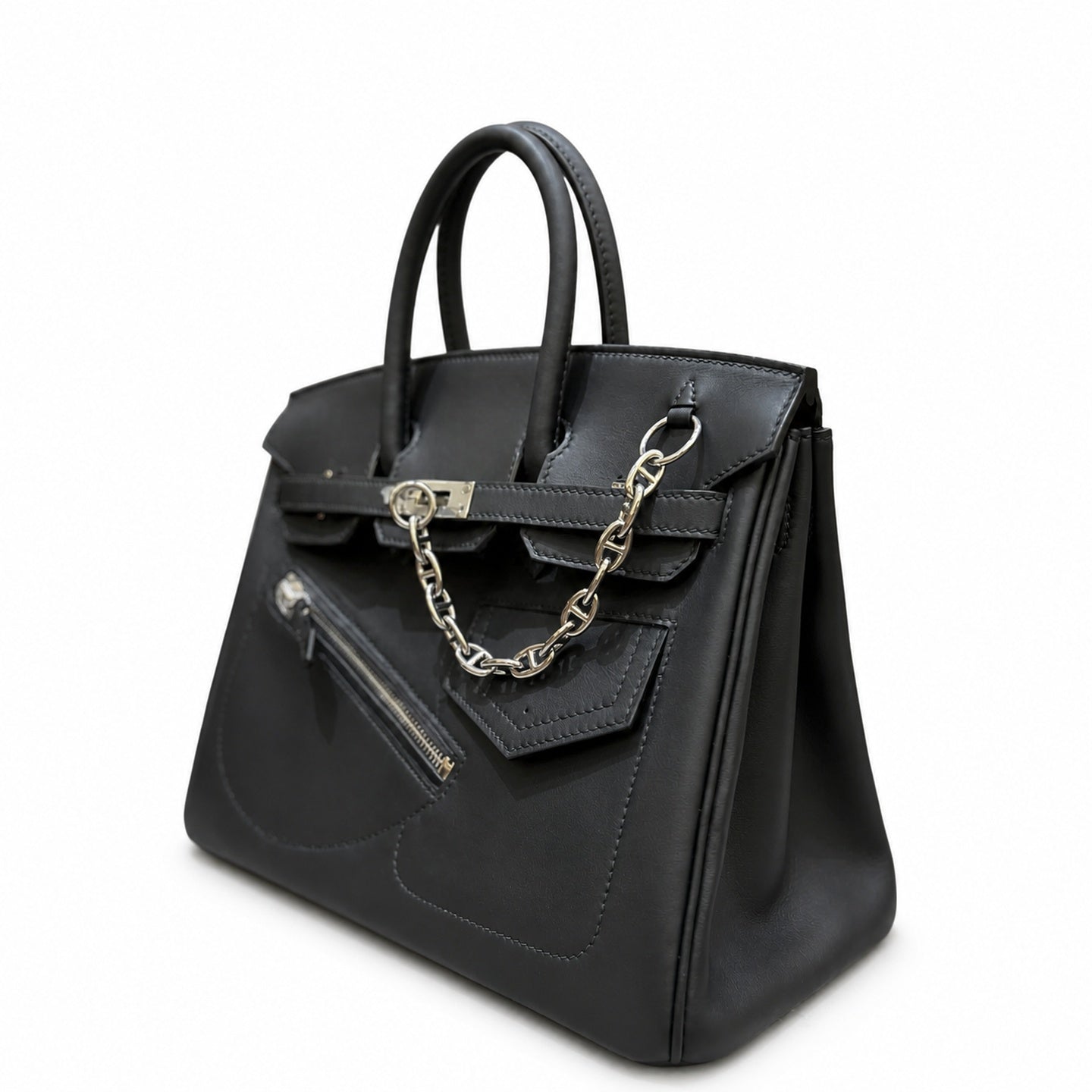 Birkin 25 Rock Black Leather Multi-Pocket Handbag with Chain