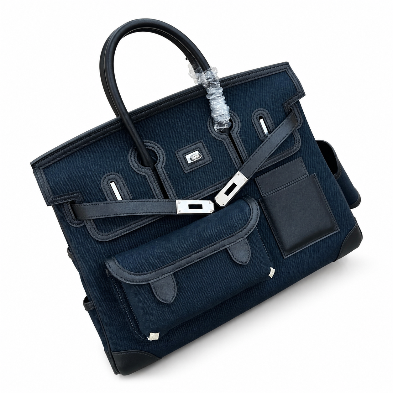 Birkin Cargo 35 in Bleu Encre Toile Goéland and Noir Swift Leather (Palladium Hardware)