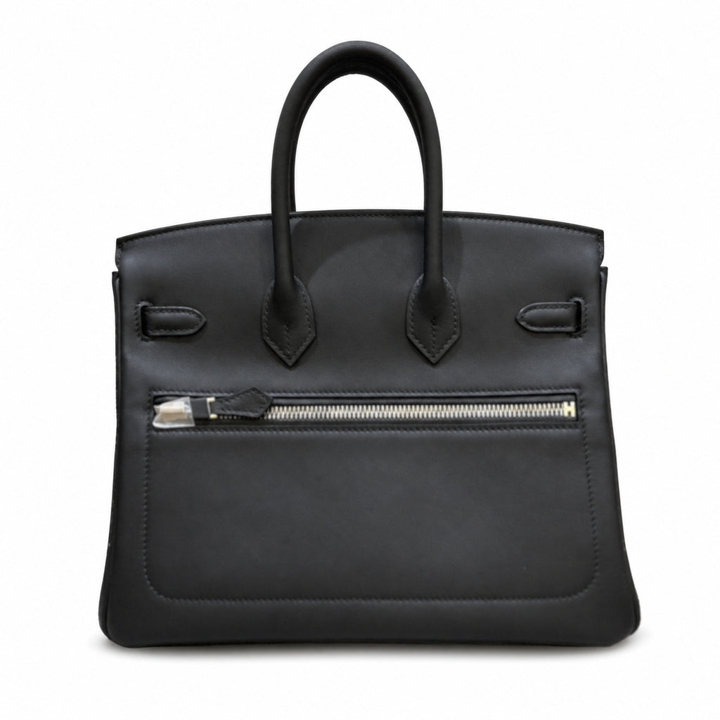 Birkin 25 Rock Black Leather Multi-Pocket Handbag with Chain