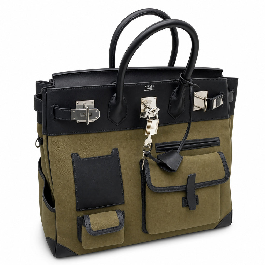 Birkin Cargo 40 Kaki Green Canvas and Black Leather Multi-Pocket Bag