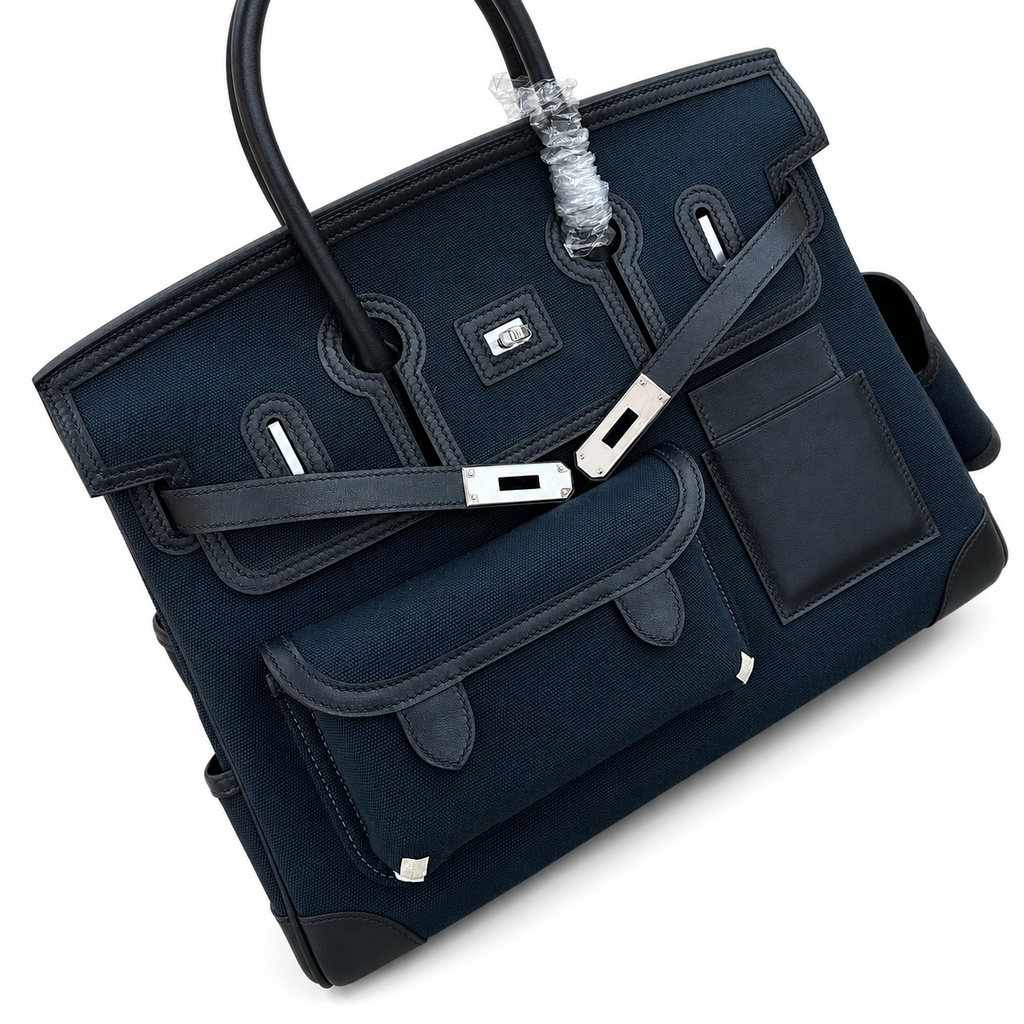 Birkin Cargo 35 in Bleu Nuit Toile Goéland and Noir Swift Leather (Palladium Hardware)